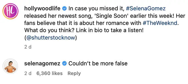 Selena Gomez commented on a post to shut down rumours 'Single Soon' is about The Weeknd