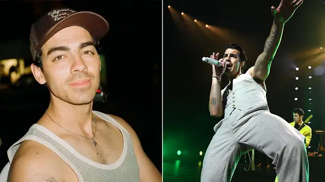 Joe Jonas in a white vest next to a picture of him singing on stage