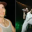 Joe Jonas in a white vest next to a picture of him singing on stage
