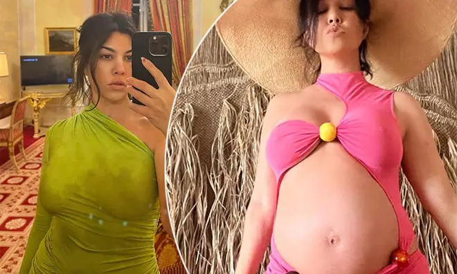 Kourtney Kardashian green dress selfie alongside a picture of her baby bump in pink swimsuit
