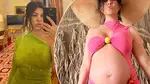 Kourtney Kardashian green dress selfie alongside a picture of her baby bump in pink swimsuit
