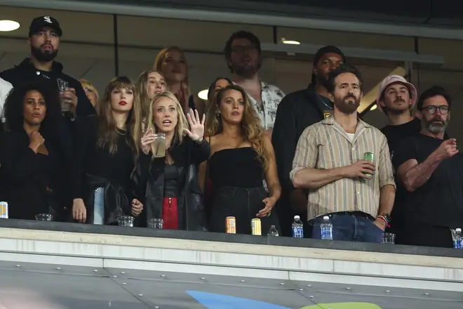 Taylor Swift, Brittany Mahomes, Blake Lively, Ryan Reynolds, and Hugh Jackman watch from the stands during an NFL football game between the New York Jets and the Kansas City Chiefs