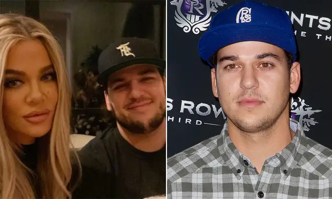 Rob Kardashian and sister Khloe alongside an old photo of him wearing a blue hat