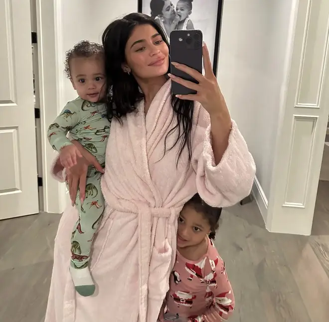 Kylie Jenner poses with her daughter and son in comfy pyjamas