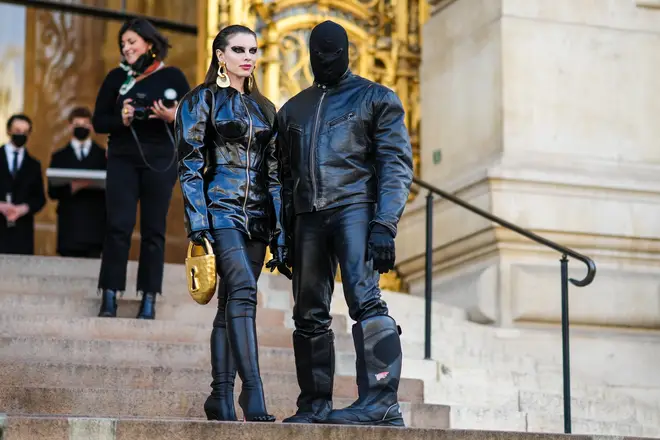 Julia Fox and Ye are seen, outside Schiaparelli, during Paris Fashion Week 2022