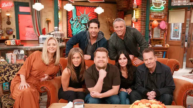 Matthew Perry (bottom right) with his 'Friends' co-stars and James Corden on The Late Late Show