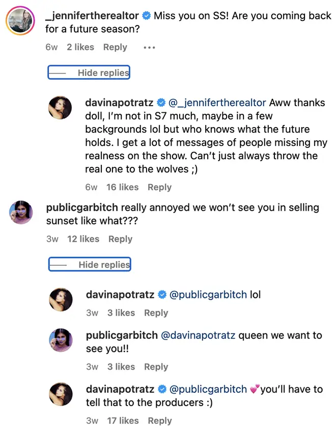 Selling Sunset's Davina responds to fans about why she's not in season 7