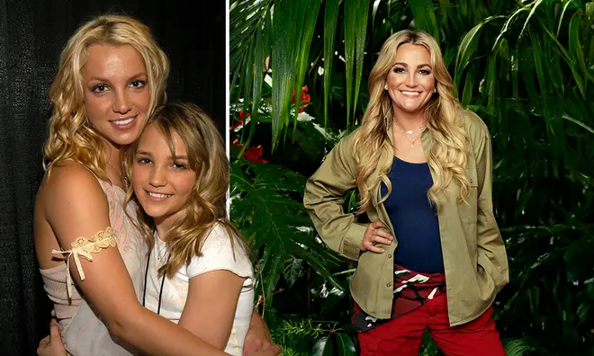 Jamie Lynn Spears young with Britney Spears next to her in I'm A Celebrity uniform