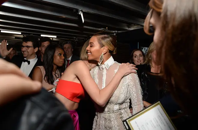 Beyoncé and Taylor share a hug at the 2016 GRAMMYs