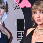 Taylor Swift at an awards ceremony wearing a black dress