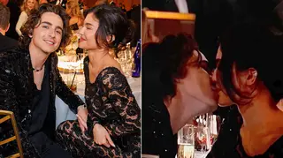 Kylie Jenner and Timothee Chalamet kissing at the Golden Globes 2024 table