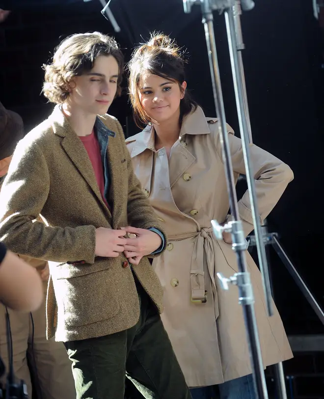 Selena Gomez and Timothée Chalamet filming A Rainy Day in New York