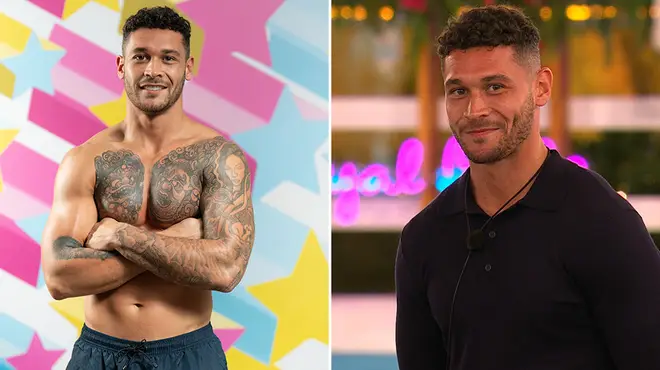 Love Island's Callum Jones without his top next to a picture from his bombshell entrance