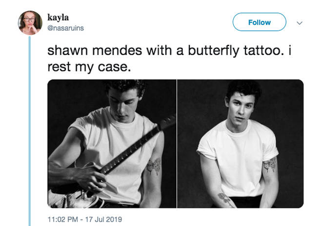 Shawn Mendes with a butterfly tattoo on his arm