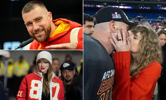 Taylor Swift and boyfriend Travis Kelce at football game and kissing on the field