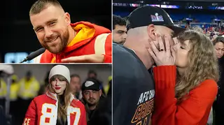 Taylor Swift and boyfriend Travis Kelce at football game and kissing on the field