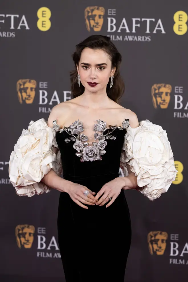 Lily Collins attends the 2024 EE BAFTA Film Awards at The Royal Festival Hall