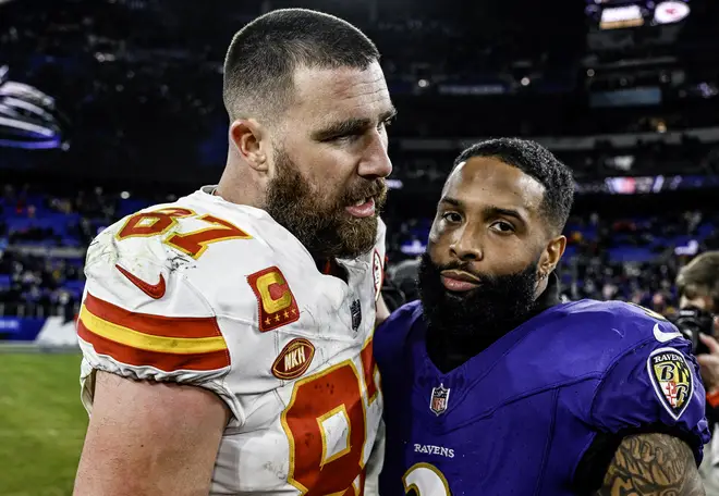 Odell Beckham Jr.  and Travis Kelce on the football field
