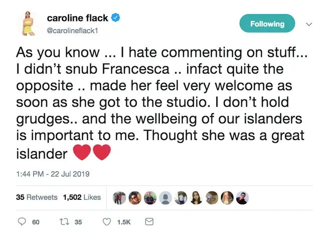 Caroline Flack quashed reports she ignored Francesca Allen's hug