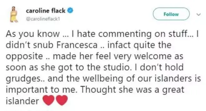 Caroline Flack addresses her 'snub' to Francesca Allen