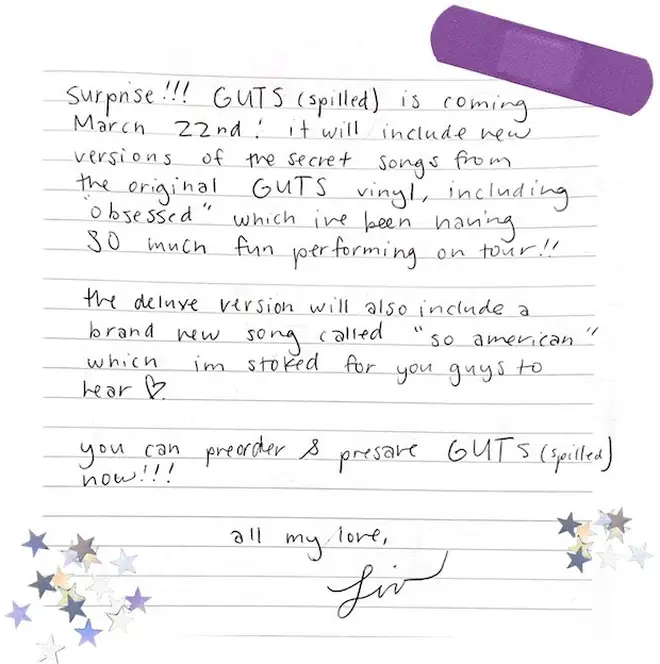 Olivia posted the announcement of ‘GUTS (Spilled)’ alongside a handwritten note