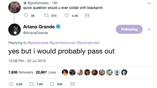 Ariana Grande said she'd 'pass out' if Blackpink worked with her