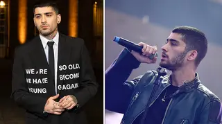 Left: Zayn posing at a fashion show, Right: Zayn performing on stage with a microphone in hand