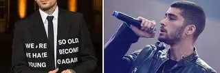 Left: Zayn posing at a fashion show, Right: Zayn performing on stage with a microphone in hand
