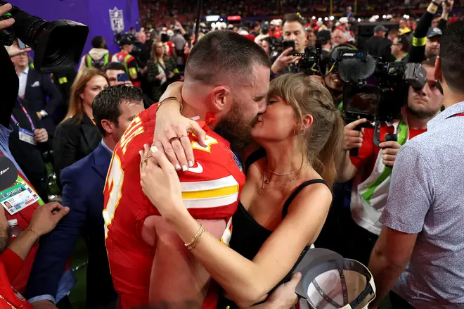 Travis Kelce and Taylor Swift embrace after Super Bowl LVIII