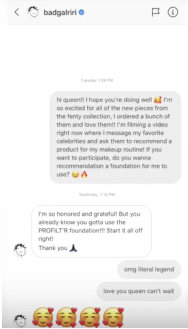 Rihanna replies to James Charles's Instagram message