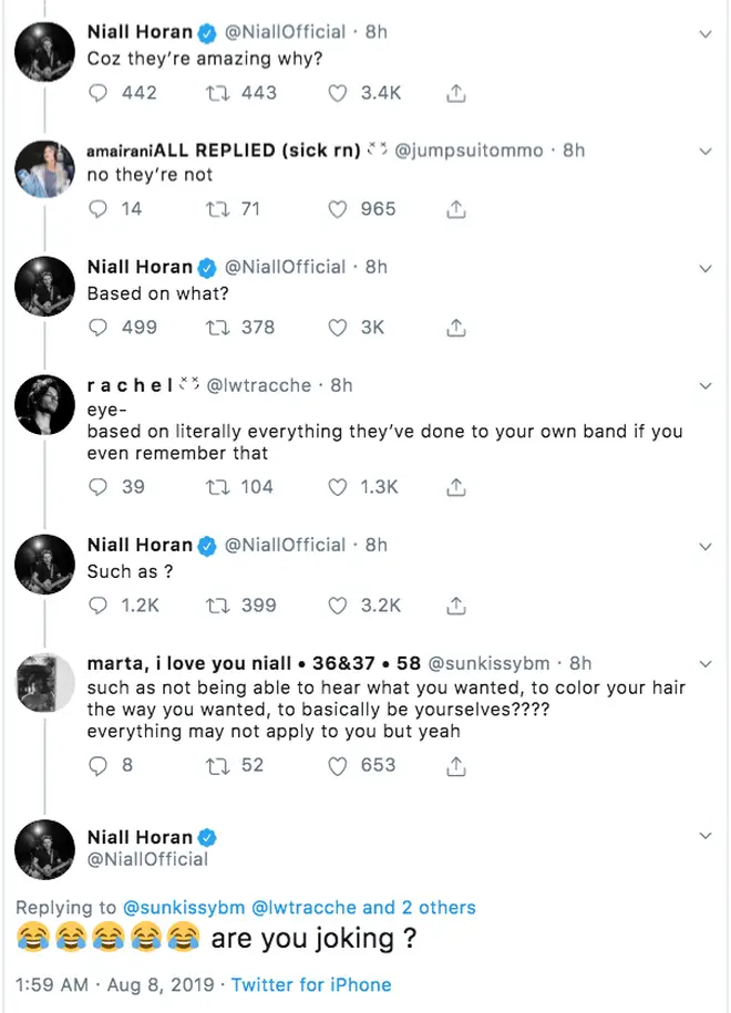 Niall Horan hits back at fan who questions his management