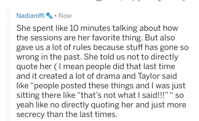 Secret session goer explains why Taylor asks not to be quoted