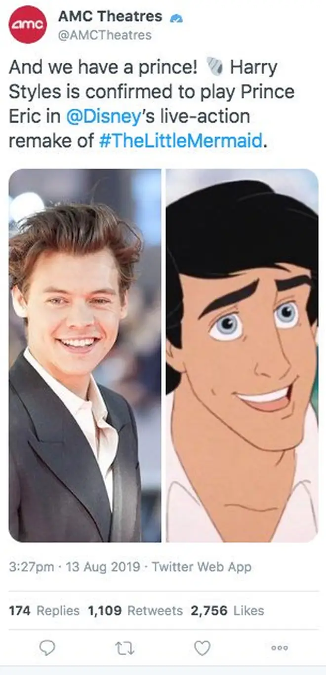 AMC Theatres posted about Harry Styles' casting as Prince Eric