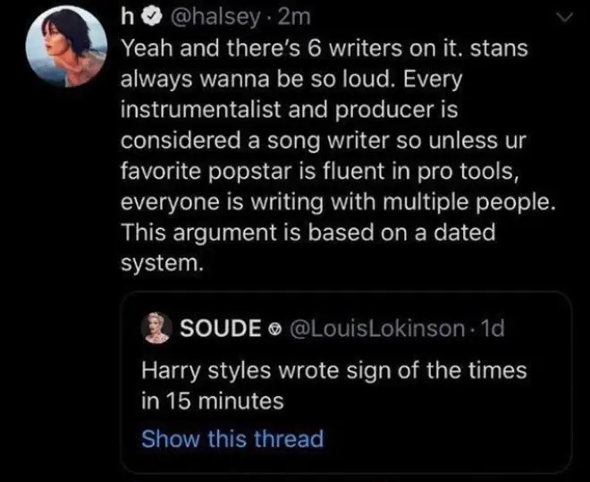 Halsey's tweet about Harry Styles' songwriting