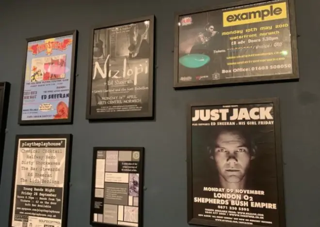 The posters include gigs with Just Jack and Example