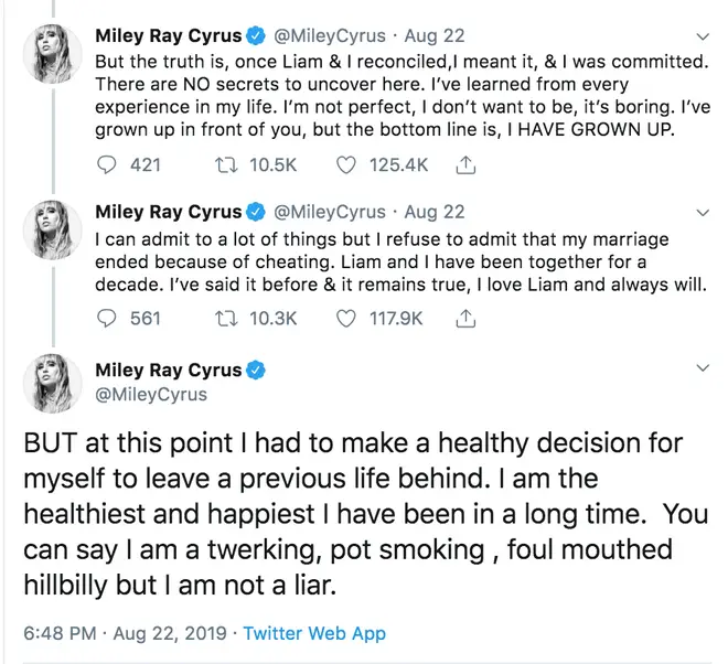 Miley Cyrus posts statement about her split from Liam Hemsworth