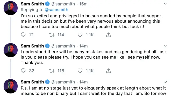 Sam Smith tweets about changing their pronouns.