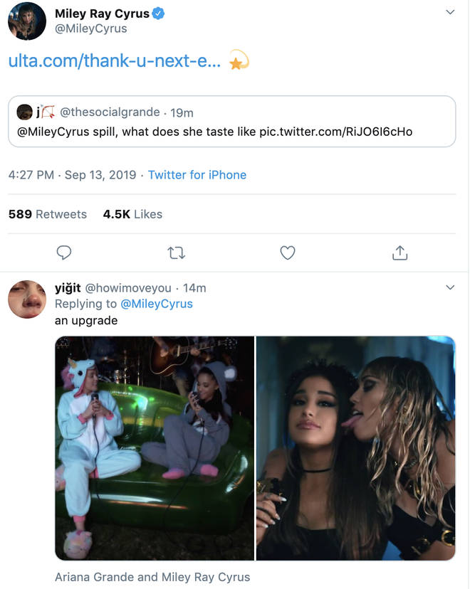 Miley Cyrus responds to fan's tweet about Ariana Grande
