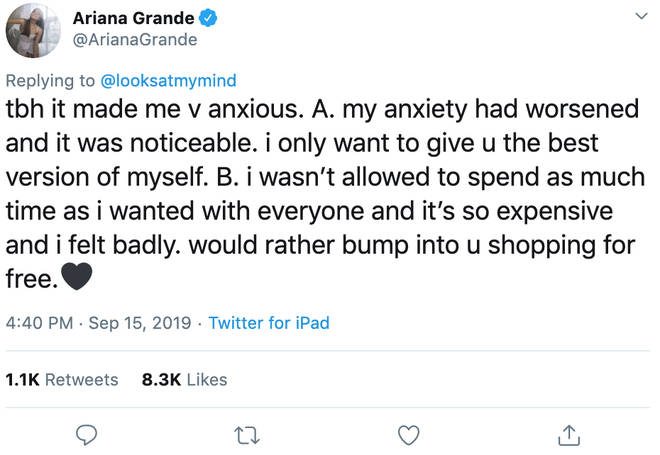 Ariana Grande told the fan she 'would rather bump into her while shopping'