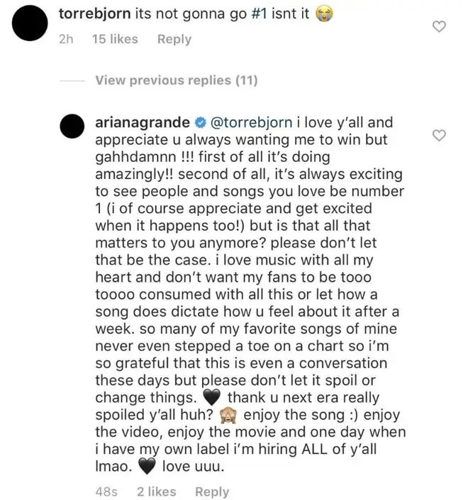 Ariana Grande said she appreciates fans 'always wanting' her to win.
