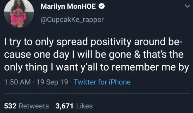 One of CupcakKe's last tweets before deactivating her socials.