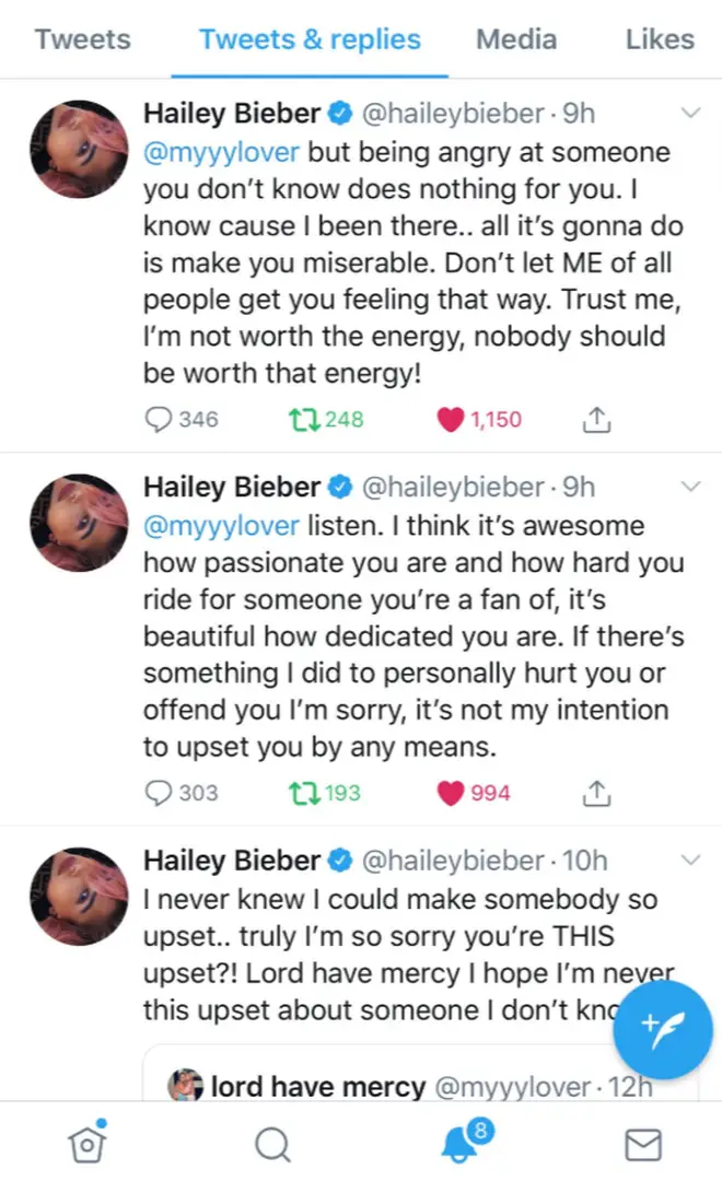 Hailey Baldwin has since deleted the tweets