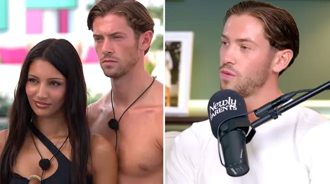 Love Island's Kavan Murphy and Jasmine Müller pictured in the villa and on NewlyParents podcast.