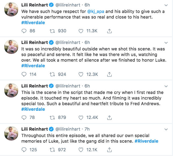 Lili Reinhart talks fans through filming of Riverdale's tribute episode