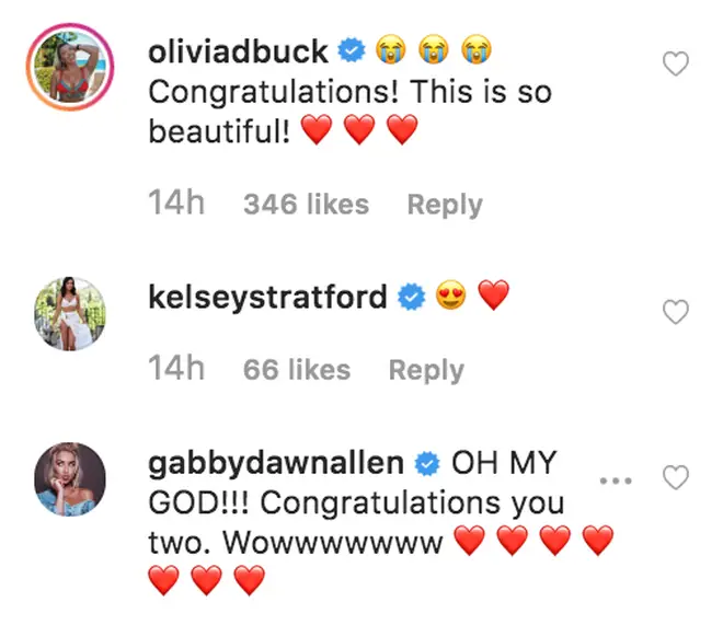 Olivia's Love Island co-stars rush to congratulate her on her engagement