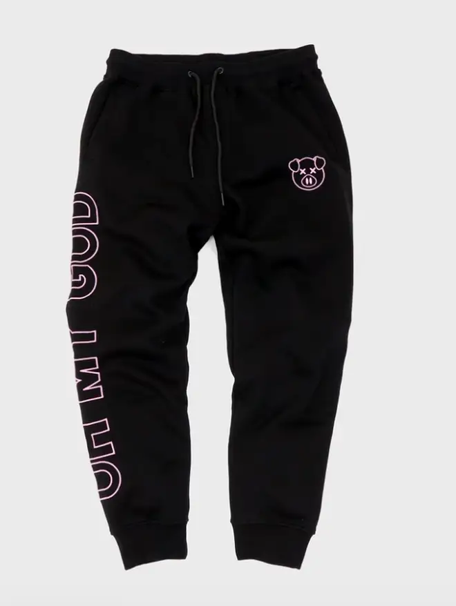 The joggers have 'oh my god' printed down one leg
