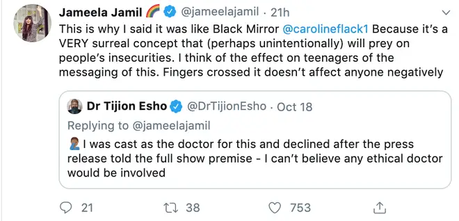 Jameela Jamil shared Dr Esho's tweet explaining why he turned down a job on The Surjury