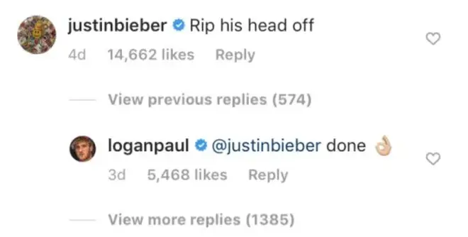 Justin Bieber wades in on Logan Paul and KSI match