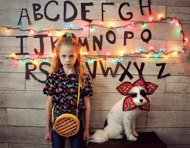 This Stranger Things fan and her dog dressed as Eleven and the demogorgon, of course