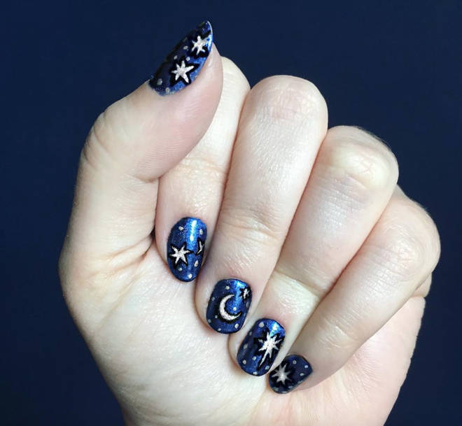 A moon and stars manicure is an easy Halloween theme